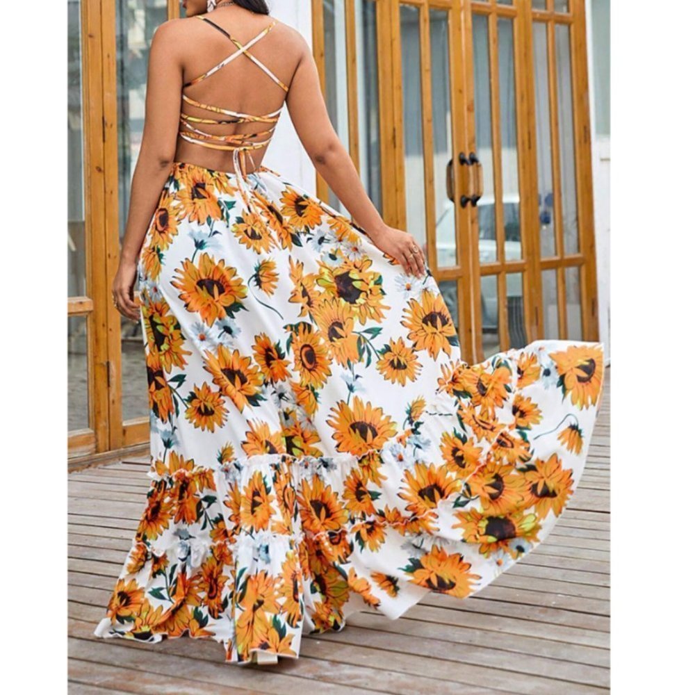 White & Yellow Boho Womens Floral Print Ruffle Hem Cami Dress - Picture 2 of 3